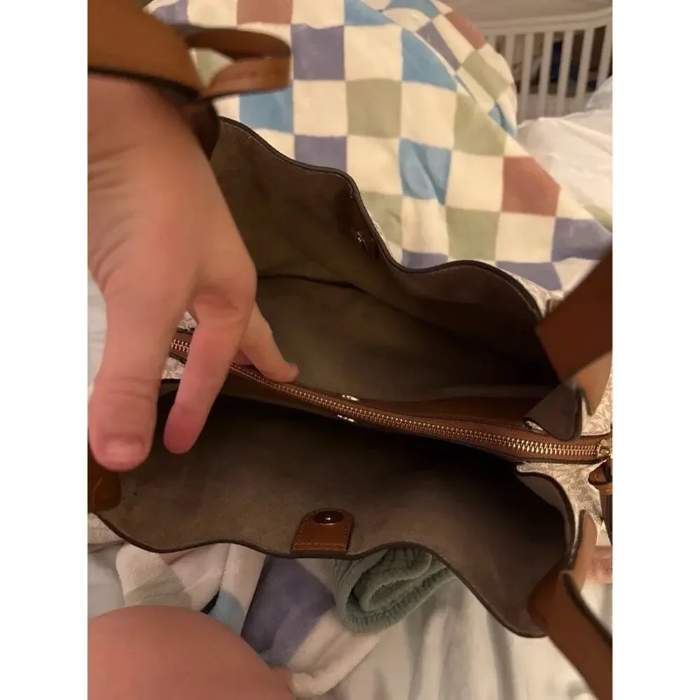 Michael Kors Signature Monogram Large Zip Tote Beige Brown Shoulder Strap Gold